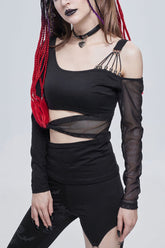 Chemisier noir gothique à épaules dénudées avec design asymétrique et petite décoration de crâne à manches longues pour femme
